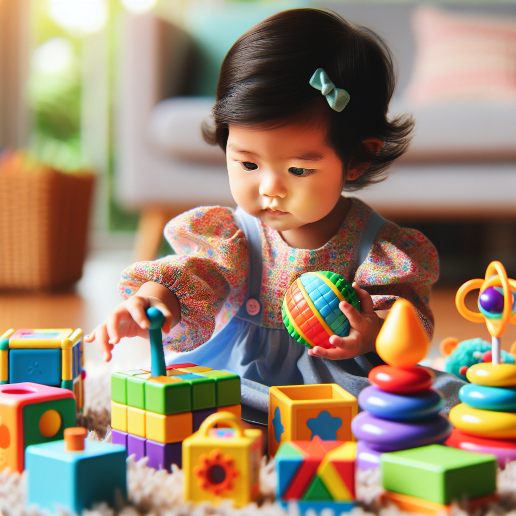 Baby playing with colorful toys for baby brain development